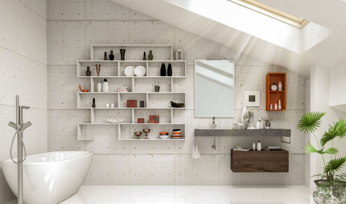 Velux loft conversion bathroom with white tiled flooring and elegant freestanding bathtub
